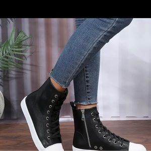 Women's Contrast Color High Top Sneakers, Casual Lace Up Side Zipper Shoes, Comf